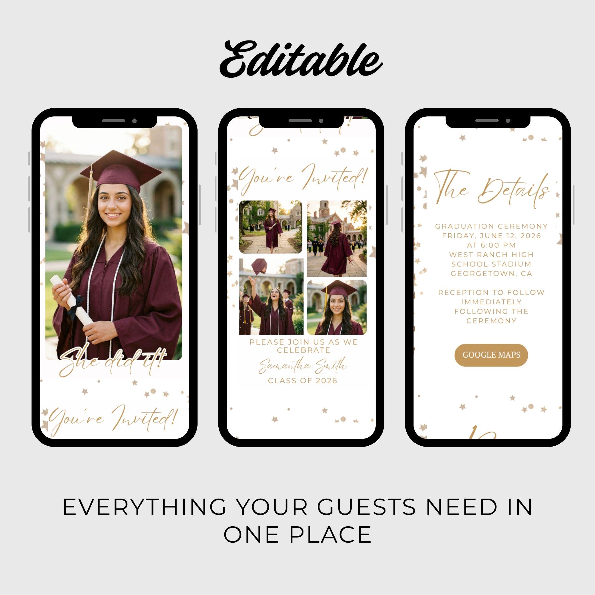 Graduation Website Template, White Gold Photo Invite (digital Download ...