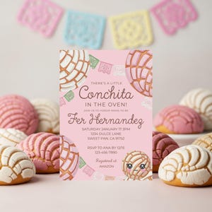 May include: A pink invitation with the text "There's a Little Conchita in the Oven!" surrounded by illustrations of concha pastries. The invitation is for Fer Hernandez's baby shower, scheduled for January 17th at 3 PM.
