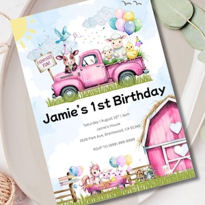 Pink Farm Birthday Invite Editable Girl Birthday Invitation Farm Animals Birthday Invite Girl Barnyard Birthday Girl Pink Farm Template
