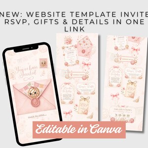 May include: A digital website template for invitations displayed on a smartphone screen, featuring a pink envelope with a concha illustration, wax seal, and text reading You've been Invited, Click to Open, Google Maps, Books for baby, Diaper Raffle, and RSVP.