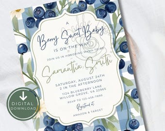 Blueberry Baby Shower Invitation, Berry Sweet Theme (Canva Template)