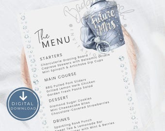 Denim and Diamonds Menu Card, Bachelorette Party, Denim and Diamonds Bridal Shower Table Setting, Blue Jeans and Bling, Place Card Menu