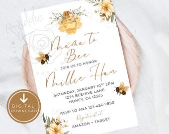 Mama to Bee Baby Shower Invitation, Honey Baby Shower Decor, Floral Invite, Baby in Bloom, Editable Canva Template, Digital Evite