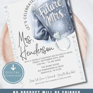Denim and Diamonds Invitation, Bachelorette Party Invite, Denim and Diamonds Bridal Shower Invite, Blue Jeans and Bling, Glam Bridal Shower