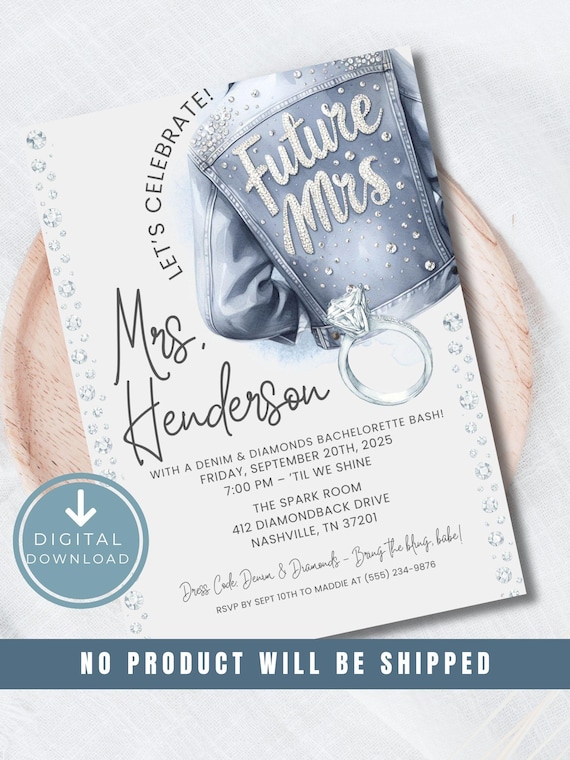 Denim and Diamonds Invitation, Bachelorette Party Invite, Denim and Diamonds Bridal Shower Invite, Blue Jeans and Bling, Glam Bridal Shower