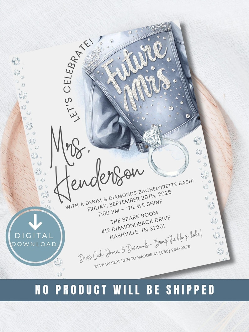 K&ouml;nnte beinhalten: Digitale Download-Einladung mit Denim- und Diamanten-Thema. Die Einladung zeigt eine Aquarellillustration einer Jeansjacke mit den Worten "Future Mrs." und einem Diamantring. Der Text enth&auml;lt Eventdetails.
