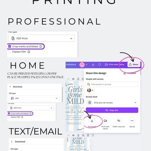 May include: A screenshot showing options for printing a design, including PDF Print, crop marks, and bleed. The image also shows options for downloading the design as a JPG or PDF, and sharing the design.