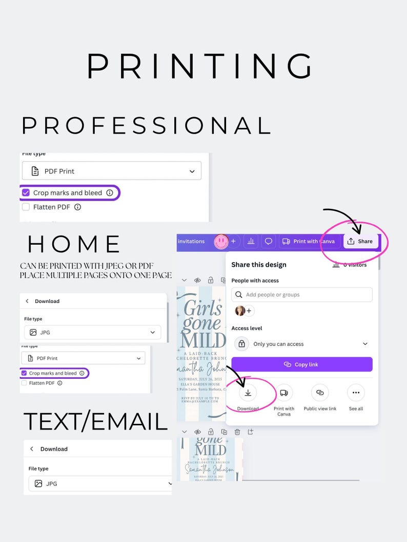May include: A screenshot showing options for printing a design, including PDF Print, crop marks, and bleed. The image also shows options for downloading the design as a JPG or PDF, and sharing the design.