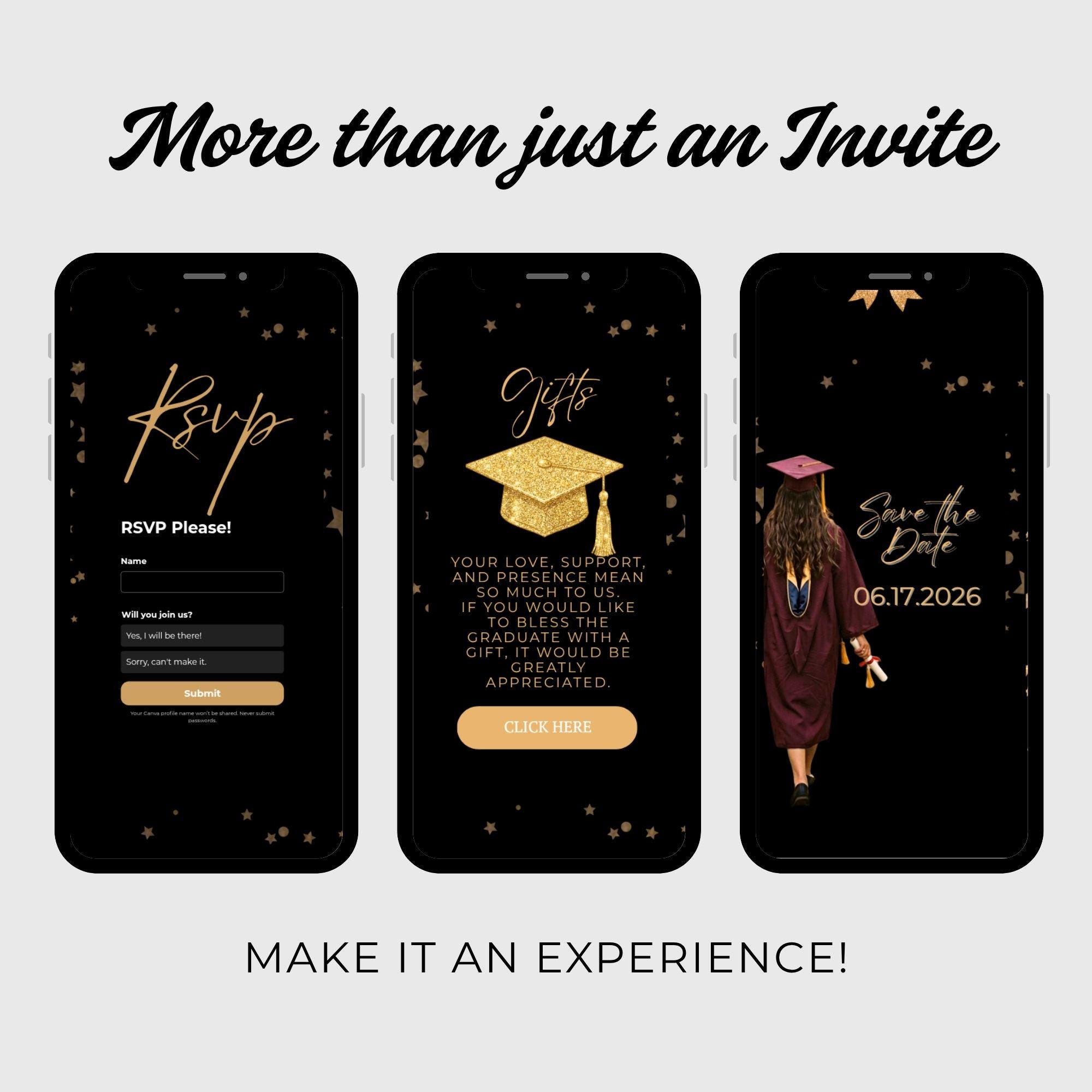Buy Editable Graduation Website Template, Black Gold Photo Invite ...