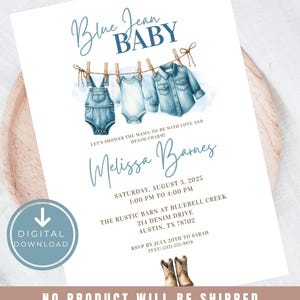 Invito per baby shower in jeans blu per bambino, invito per baby shower in denim, invito digitale per baby shower con decorazioni a spruzzo su Canva