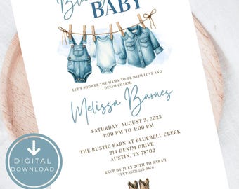 Invitación para baby shower de mezclilla azul para niño, invitación para baby shower de mezclilla, decoración para baby shower con chispas, invitación digital Canva