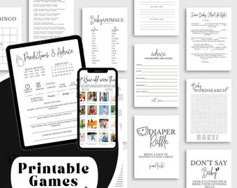 Paquete de 20 juegos neutrales para baby shower, paquete de juegos editables para baby shower, paquete de juegos imprimibles, trivia para baby shower, plantilla de Canva