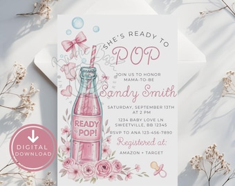 She’s Ready to Pop Baby Shower Invitation Template Girl Soda Pop Baby Shower Invite Ready to Pop Theme Pink Digital Baby Shower Invitation