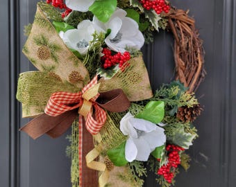 Handmade Winter Magnolia Wreath | Rustic Farmhouse Christmas Decor
