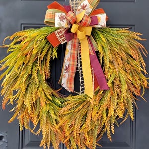 Autumn Harvest Door Wreath | Fall Bead Grass & Plaid Ribbon Wreath | Rustic Farmhouse Fall Decor | Thanksgiving Home Decoration