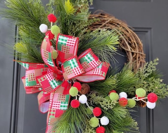 Rustic Christmas Wreath with Plaid Bow | Red Green Holiday Door Wreath | Farmhouse Winter Front Door Decor | Evergreen Grapevine Christmas W