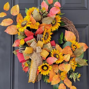 Vibrant Autumn Sunflower & Fall Leaves Wreath | Rustic Farmhouse Front Door Decor