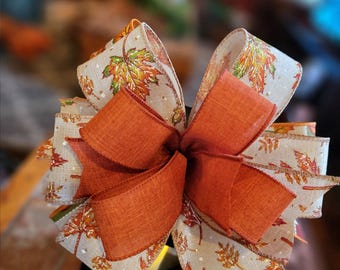 Fall Harvest Wreath Bow: Handmade Burnt Orange Leaf Ribbon