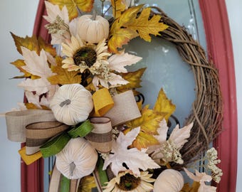 Autumn Harvest Pumpkin & Sunflower Grapevine Wreath - Fall Farmhouse Door Decor