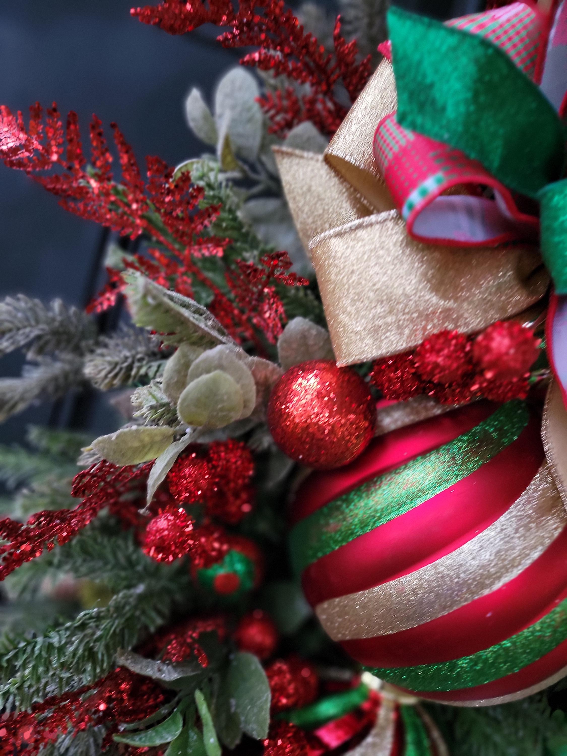 Red Green Gold Christmas Swag | Holiday Ornament Door Decor - Etsy