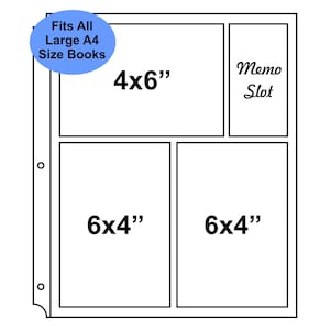 May include: A clear plastic photo album refill page with three slots for photos and one memo slot. The page features a blue oval graphic with the text Fits All Large A4 Size Books, and black text labels indicating slot sizes of 4x6 inches and 6x4 inches.