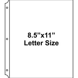 May include: A white rectangular sheet protector with a reinforced black edge featuring three circular holes for binder storage. The center of the sheet displays the black text 8.5"x11" Letter Size, indicating the dimensions of the document it holds.