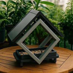 Op de afbeelding: Een moderne vogelvoeder met een geometrisch ontwerp. De voederbak heeft een zwart dak en basis, met een grijze lijst. Hij staat op een houten tafel, omringd door potplanten. De voederbak is gevuld met vogelzaad.