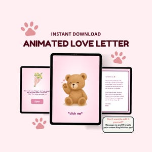 Könnte beinhalten: Eine animierte Liebesbrief-Anzeige auf drei Tablets. Das mittlere Tablet zeigt einen winkenden Teddybären mit dem Text "click me". Die anderen Tablets zeigen einen Blumenstrauß und einen Liebesbrief. Rosa Pfotenabdrücke sind im Hintergrund.