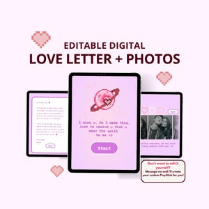 May include: Three digital tablets displaying a love letter, photos, and a message that says "I miss u. So I made this. Just to remind u that u mean the world to me <3". The tablets are on a light purple background with pixelated hearts.