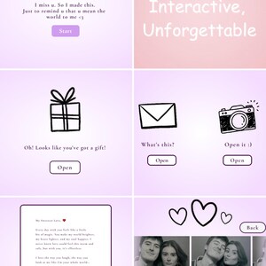 May include: A digital greeting card with a light purple background. The card features hand-drawn illustrations of a heart, gift, envelope, and camera. Text includes "Personal, Interactive, Unforgettable."