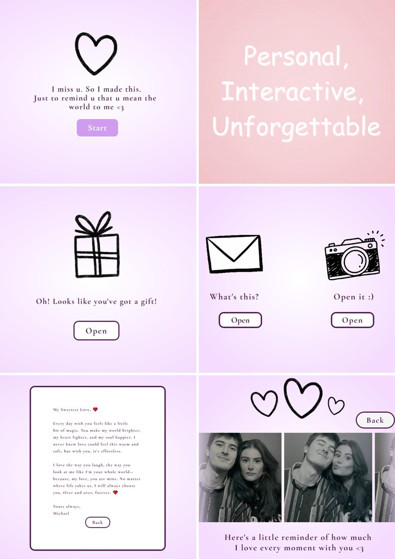 May include: A digital greeting card with a light purple background. The card features hand-drawn illustrations of a heart, gift, envelope, and camera. Text includes "Personal, Interactive, Unforgettable."