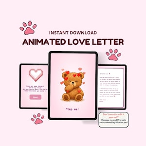 Könnte beinhalten: Animiertes Liebesbrief-Design mit rosa Hintergrund. Das Bild zeigt drei Tablets mit einem verpixelten Herzen, einem Teddybären mit Herzen und einem Liebesbrief. Der Text enthält "Sofort-Download" und "Animierter Liebesbrief."