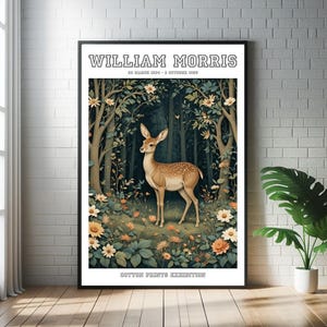 William Morris Abstract Deer in the Forest Art Print : Cotton Prints Exhibition Botanical Art Poster