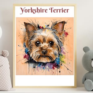 Dog Poster, Digital Print Download Art, showing an adorable Yorkshire Terrier, cartoon cute dog, colourful orange pastel, pet best friend