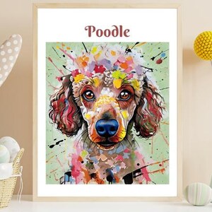 Póster de perro adorable, retrato de caniche, perro de dibujos animados, cachorro con fondo verde patel en estilo acuarela, mejor amigo en varios tamaños de impresión.