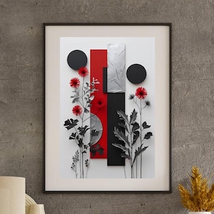 Könnte beinhalten: Gerahmter Kunstdruck mit abstrakten roten, schwarzen und weißen geometrischen Formen und floralen Elementen. Das Kunstwerk hängt über einem Holzschrank mit verschiedenen dekorativen Gegenständen, darunter Vasen, eine Lampe und Bücher. Eine Topfpflanze und ein kleiner Hocker sind ebenfalls zu sehen.