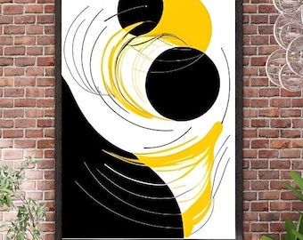 Yellow and Black Abstract Art Print: Mid-Century Modern Wall Decor