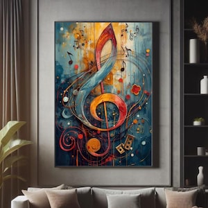 Op de afbeelding: Een groot, kleurrijk abstract schilderij van een muzikale G-sleutel. Het kunstwerk toont een levendige mix van blauw, oranje en rood, met muzieknoten en wervelende lijnen. Het schilderij wordt tentoongesteld boven een grijze bank in een moderne woonkamer.