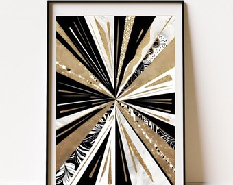 Lámina de arte abstracto en negro y dorado: decoración de pared de estilo moderno de mediados de siglo.