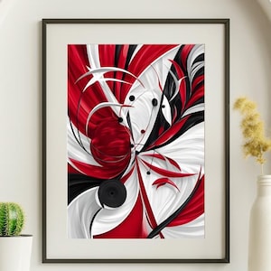 May include: Abstract art print featuring swirling shapes in black, white, and red. The design resembles a flower or a butterfly.