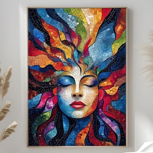 Modern Multicolour Mosaic Artwork, Mid Century Wall Decor, Abstract Colour Artwork Poster, Colourful Picture, Beautiful Face Wall Art Print