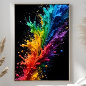 Könnte beinhalten: Gerahmter Kunstdruck mit einem abstrakten Farbspritzer in Regenbogenfarben auf schwarzem Hintergrund. Das Kunstwerk zeigt einen dynamischen Ausbruch von roten, orangen, gelben, grünen, blauen und violetten Farbtönen, ideal für die Wanddekoration.