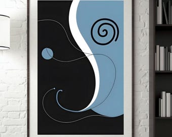 Stampa artistica astratta blu e nera: decorazione murale in stile moderno di metà secolo