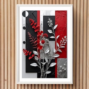 Może przedstawiać: Oprawiona abstrakcyjna grafika z kwiatowym wzorem w kolorach czerwonym, srebrnym i czarnym. Grafika składa się z geometrycznych kształtów i tekstur, z białą ramą. Tło to drewniana ściana.