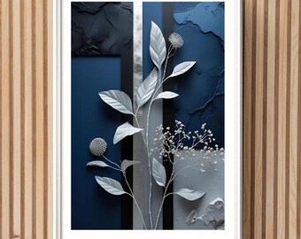 Blue Abstract Floral Art Print: Mid-Century Modern Botanic Wall Decor
