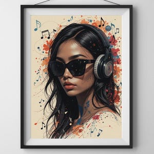 Modern Abstract Music Notes Print, Mid-Century Wall Art, Oil Paint Style Artwork Multicoloured Musical Symbols Poster, Beautiful Woman Decor