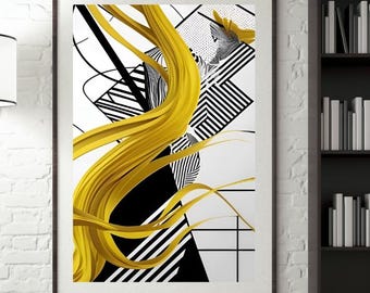 Yellow and Black Abstract Art Print: Mid-Century Modern Wall Decor