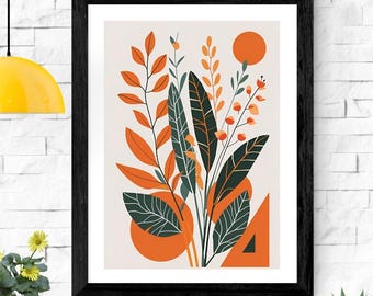 Nowoczesny abstrakcyjny nadruk botaniczny: pomarańczowo-czarna sztuka ścienna w stylu boho
