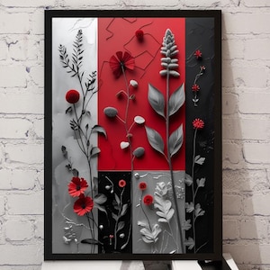 Modern abstrakt botanisk tavla: Röd, rubin- och silverfärgad väggkonst från mitten av århundradet