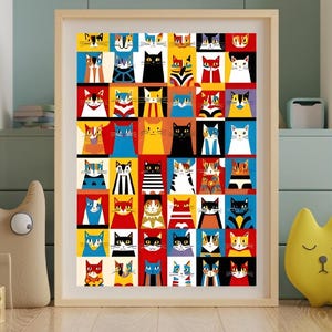 Cat Poster in Bauhaus style, Colourful Feline Collection, Cartoon Poster of Cats, Great Gift for Animal and Cat Lovers, Kitten Poster Print